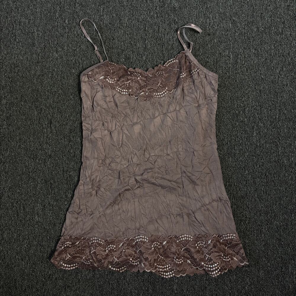 Vintage Y2k Maurices Brown Wrinkle Lace Sparkle Longline Cami Tank Top Small